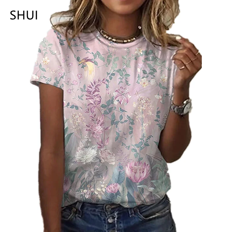 Women's Summer Loose Top Floral 3D Printing T-Shirt Round Neck Casual Shirt Summer Versatile Short Sleeve T-Shirt vintage tees