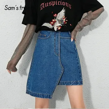 

SAM'S TREE Blue Solid Minimalist Washed Casual Denim Skirts Women 2020 Summer High Waist Irregular Hem Korean Ladies Daily Skirt