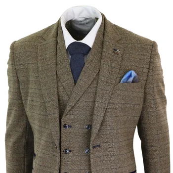 

Newest Oak Brown Mens Suits 3 Piece Tweed Check Costume Homme Double Breasted Vintage Peaky Blinders Suit