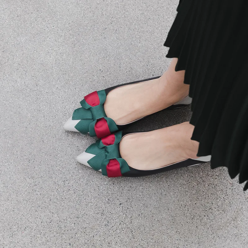 

2019 Spring New Style Pointed-Toe Cowhide Surface Silk Fabrics Bow Mixed Colors Printed Closed-toe Slipper Slipper WOMEN'S Shoes