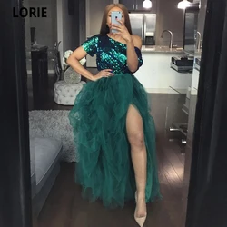 LORIE Dark Green Prom Dresses One Shoulder Short Sleeve Sequined Organza Evening Dresses Long Formal Party Dancing Dress Split