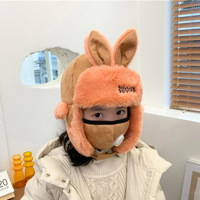 

Bomber Hats child rabbit Warm hat with ears Earflap Pink ski masks Russian Girls fluffy hat bonnet Kids ushanka baby Winter Hat