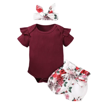 

Floral baby girl clothes 3Pcs short sleeve ruffles comfortable romper + bow pants + headwear outdoor leisure newborn girl suit
