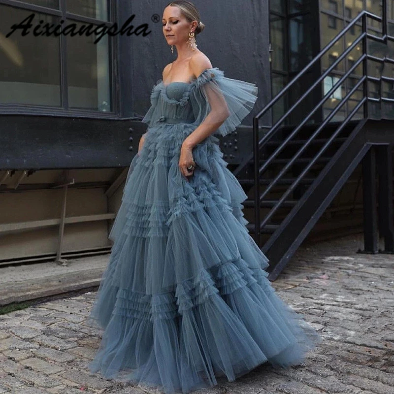 Aixiangsha Dusty Blue Fairy Evening Dresses Off The Shoulder Short Puffy Sleeve Tiered Women Couture Prom Robe de Soriee
