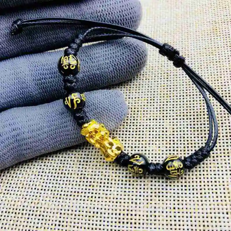 Feng Shui Black Obsidian Bracelet Braided Pixiu Bracelet Lucky Handmade Wealth Amulet Braided Unisex Gift Decoration