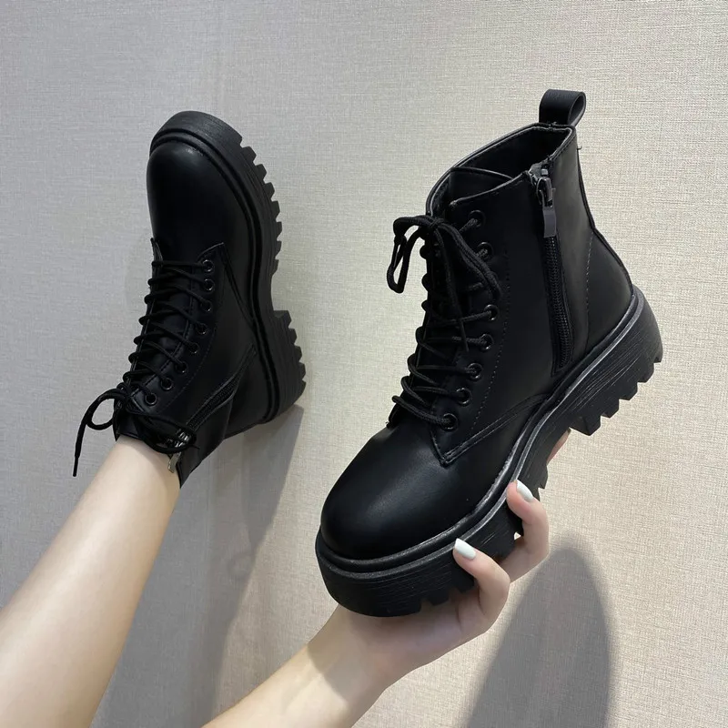 Botas plataforma mujer, Botines de cuero con cordones, tacón grueso, Invierno - AliExpress Calzado