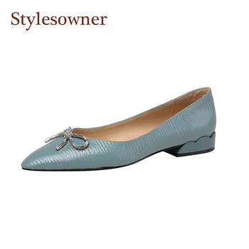 

Gentle Bow-Knot Rhinestone Pointed Shallow Mouth Single Shoes Women's Flat Bottom 2020 New Leather All-Match Blue Scoop Shoes