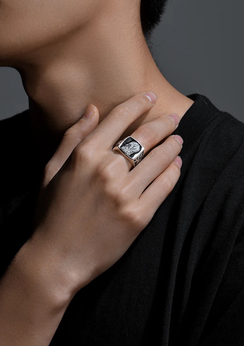 BOCAI New 100% s925 silver jewelry fashion personality wolf head domineering single Ring simple retro Man ring