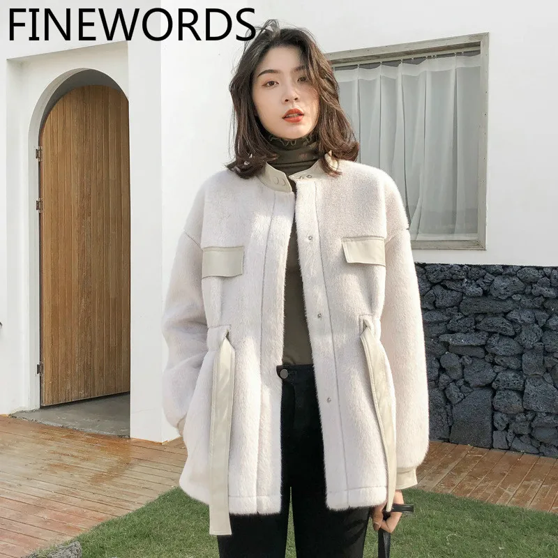FINEWORDS, корейское вельветовое зимнее пальто с лебедем, теплая Толстая мягкая однотонная повседневная меховая куртка, элегантная винтажная Свободная верхняя одежда, уличная куртка