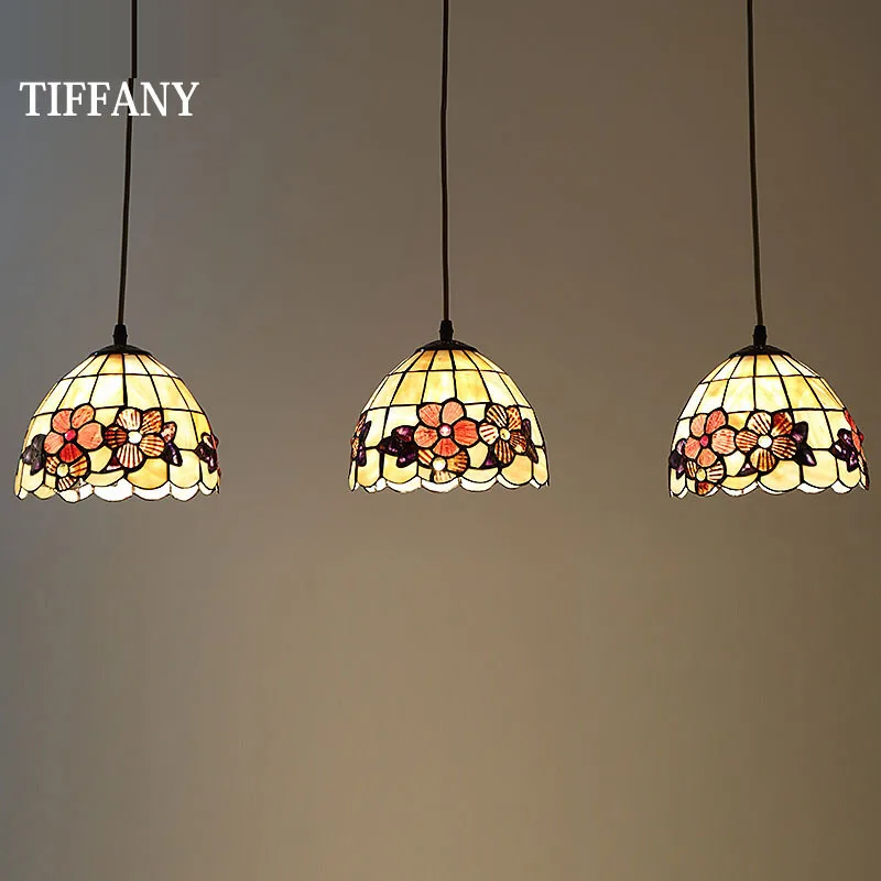 

European Tiffany Retro Shell Mediterranean Pastoral Pendant Lights 3 Line Head Luminaria Teto Hanging Lamps For Home Decoration