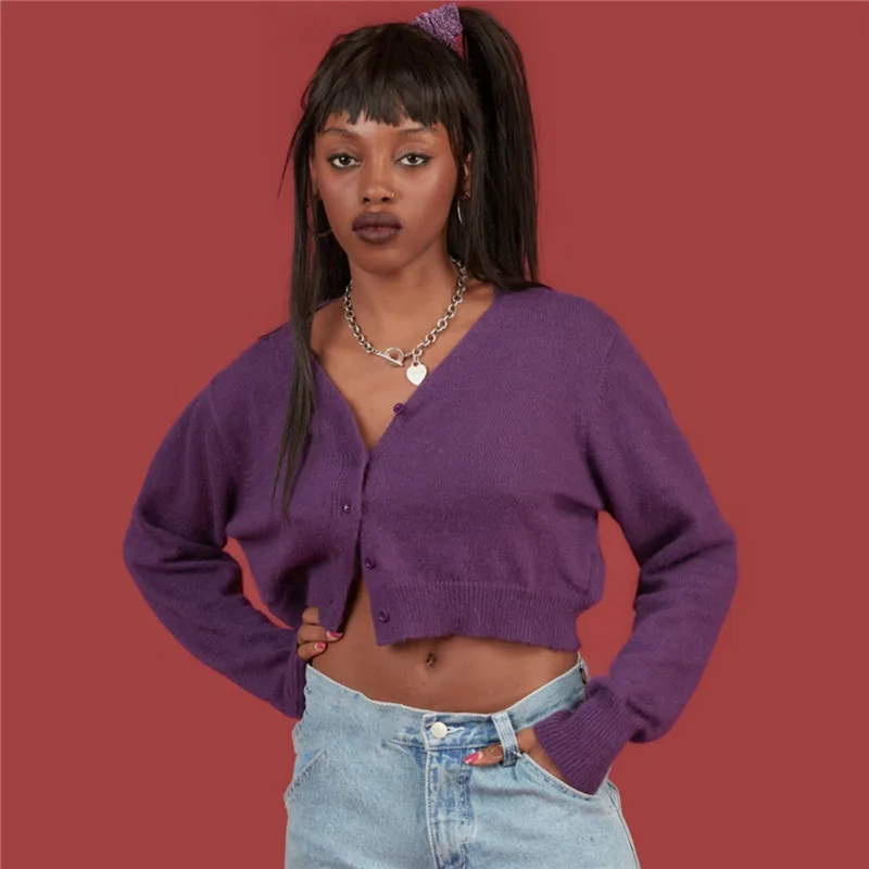 

Retro Purple Short V-neck Plush Cardigan Women's Autumn 2019 V-Neck Cardigans Winter Sweater Women