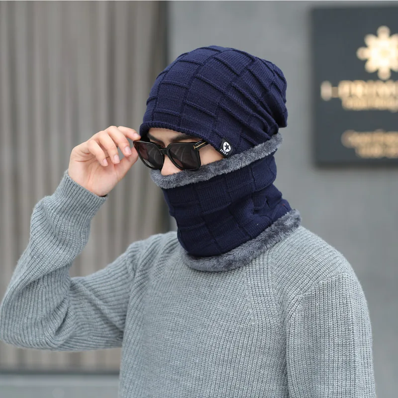 Men's hats in autumn and winter plus velvet knit Korean version of head scarf set ear protection warm wool hat |