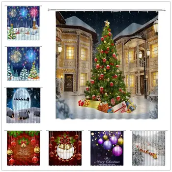 

Christmas Shower Curtains New Year Bathroom Decor Xmas Cartoon Snowman Rope Balls Snow Scenery Kids Bath Room Cloth Curtain