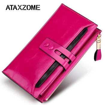 

ATAXAOME fashion brand genuine leather women wallet and purses effectively block RFID Women long wallet Coin Purse Card Holder