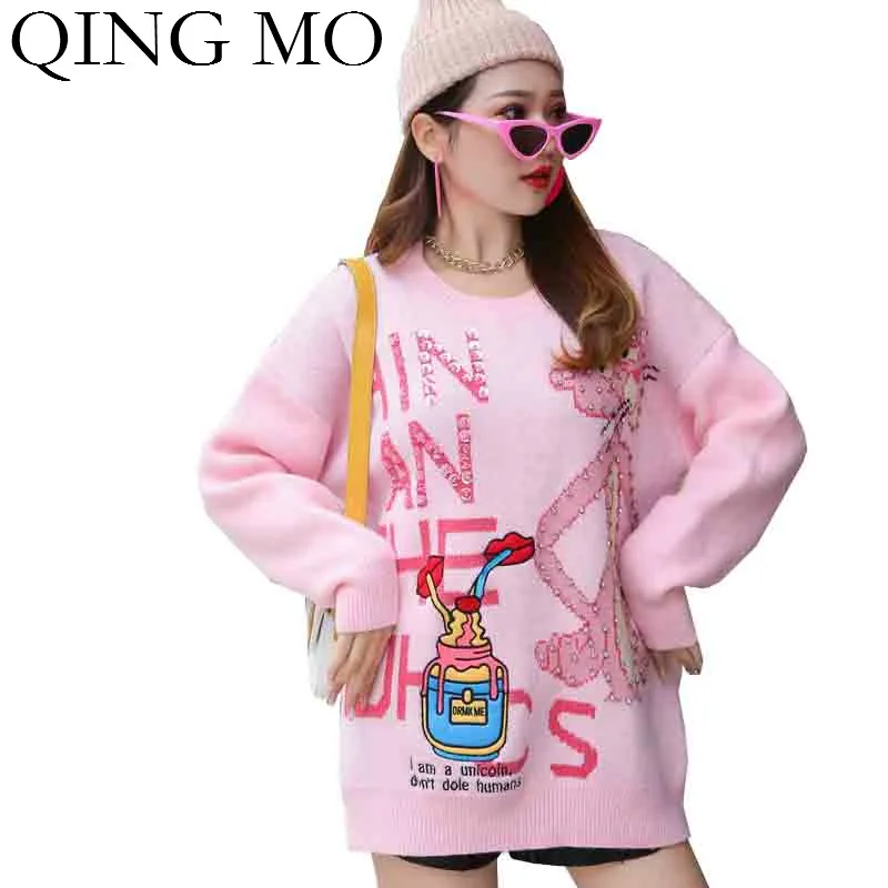 QING O Pink approcit женский пуловер свитер 2020 с мультяшным принтом осенне-зимний вязаный