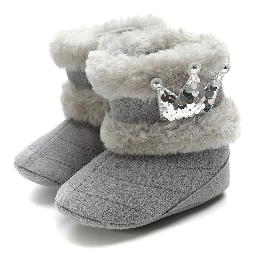 Модная одежда для новорожденного ребенка сапоги для маленьких девочек для детской кроватки обувь Корона ходунков, зимняя теплая детская обувь для принцесс - Цвет: Gray