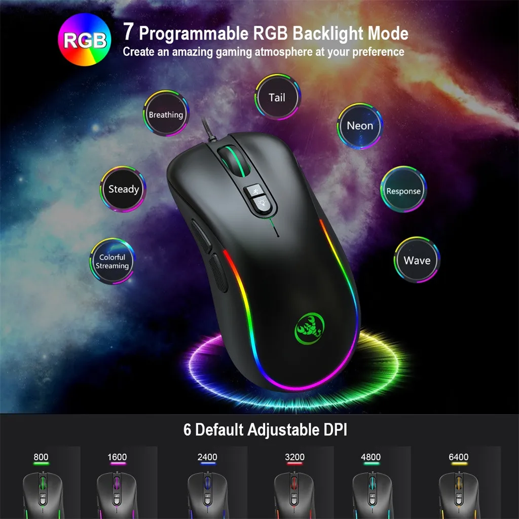 Проводной Мышь Высокое качество USB 6 цветная (RGB) Breating Подсветка определить 6400