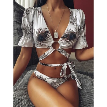 

2020 Sexy Short Sleeve Bikini Push Up Short Sleeve Swimwear Women Bandage Bikinis Set Summer Leopard Swimsuit Women Bathing Suit