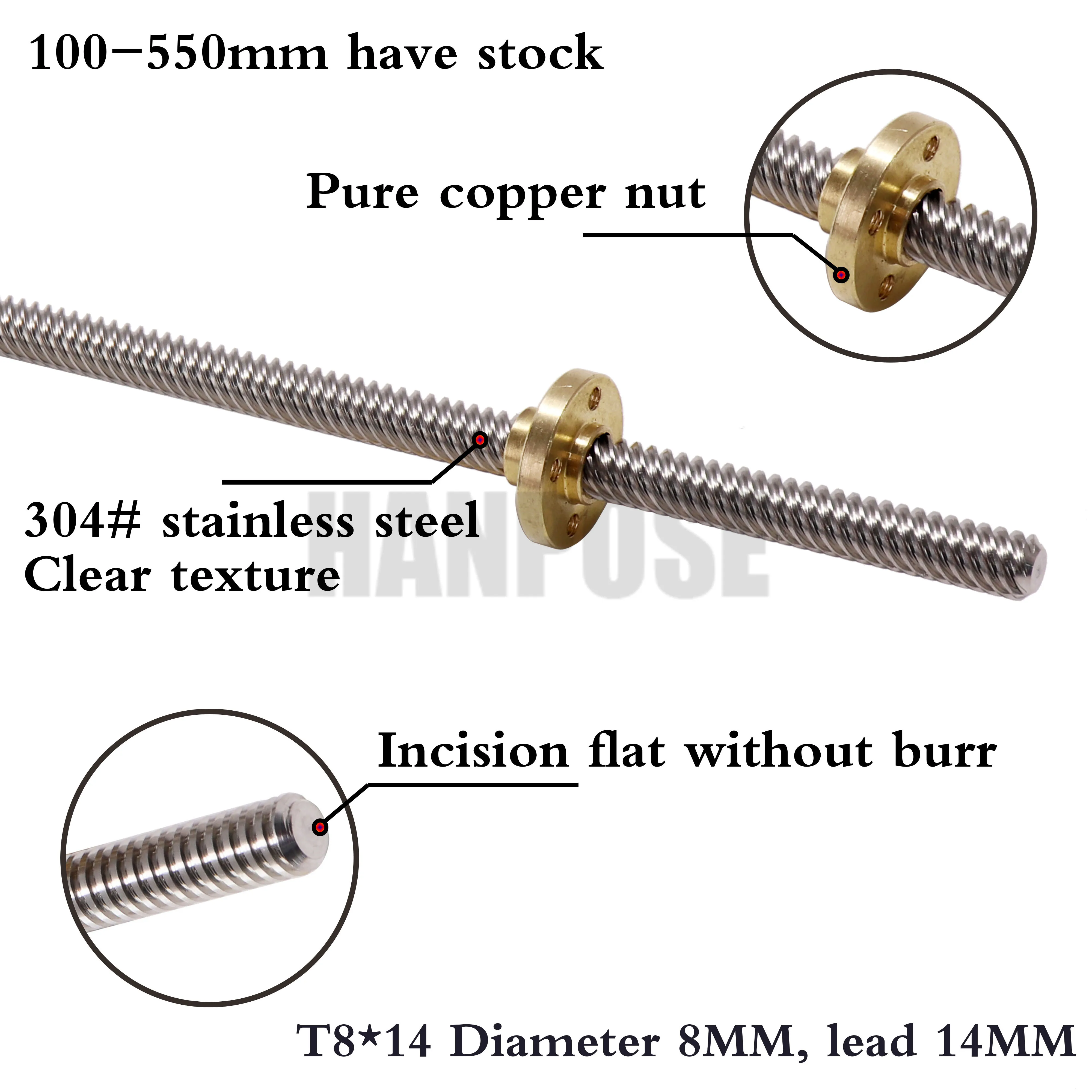 Brass Nut T8x4 Pitch 2mm Lead 4mm Trapezoidal Rod Stainless Lead Screw 