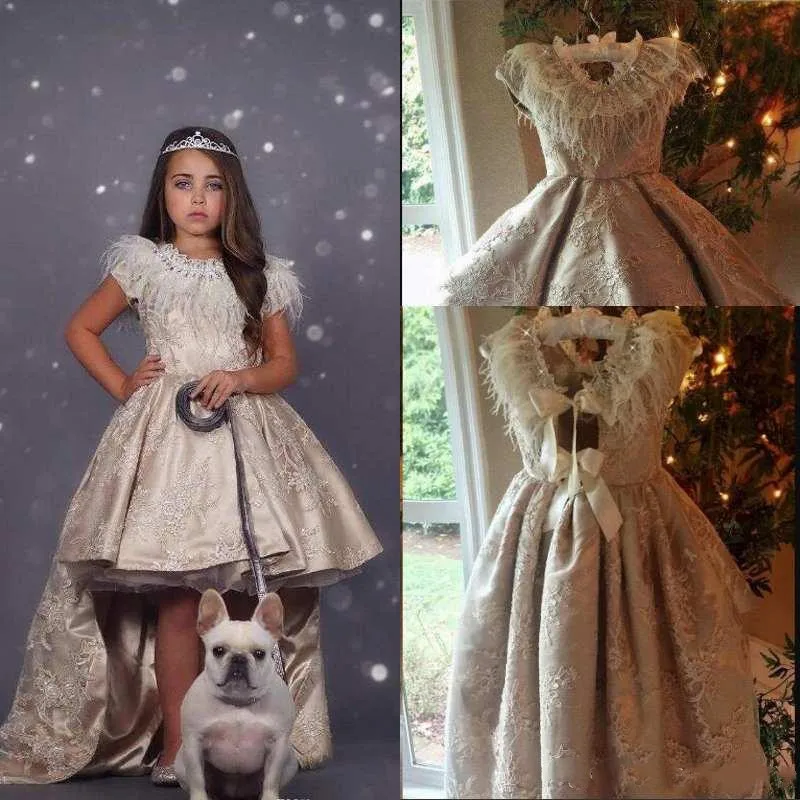 

2020 New Hi-Lo Flower Girl Dresses Jewel Feather Boho First Communion Gowns For Children Girls Pageant Dress Custom Made