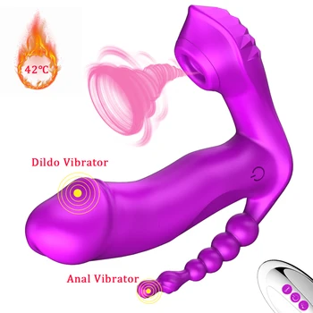 3 IN 1 Sucking Vibrator Clitoris Sucker Anal Beads Vagina Stimulator Wearable Oral Vibrators Erotic Toy Dildo for Women Sex Toys 2