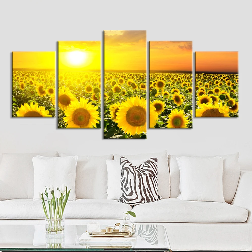 

HD Five Pieces/Set Of Flower Print Poster Sunflower Canvas Painting And Printmaking Home Decoration Living Room Mural Frameless