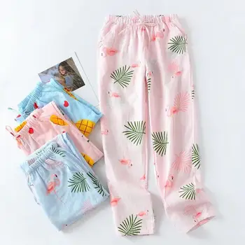 

Ladies Sleeping Pants Autumn New 100% Gauze Cotton Floral Print Variety Styles Sleep Bottoms Soft Pants Loose Home Pants