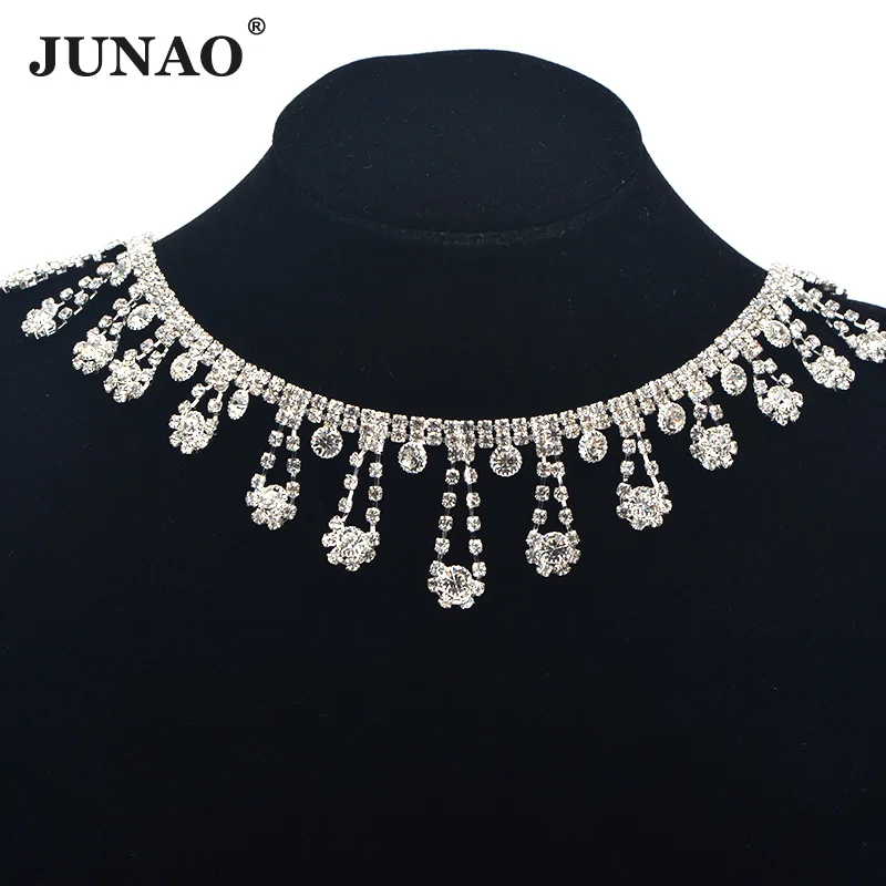 JUNAO 45cm Sewing Crystal AB Rhinestones Fringe Chain Glass Stones Tassel Metal Trim Crystal Applique Strass Tape for Dress DIY - Цвет: 32mm Fringe