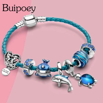 Buipoey Ocean Collection Blue Turtle Seahorse Narwhal Beaded Dolphin Charm Bracelets For Boys Girl Original Kids Child Bracelet