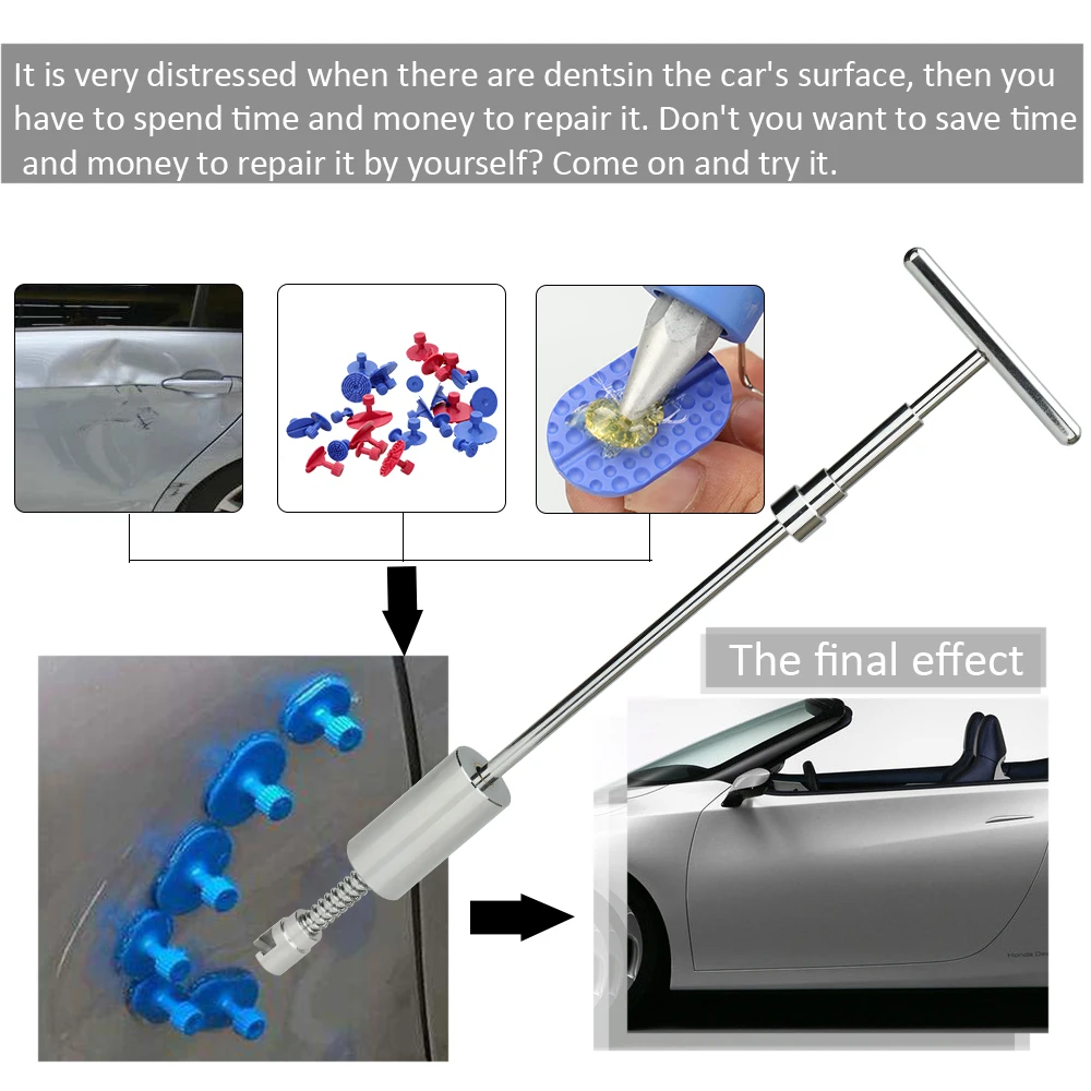 29pcs 2-in-1 car tool kit Two Ways Puller Slide Hammer Tabs Suction Cup Hand Cars Paintless Dent Repair Tools Kit Suit of Auto