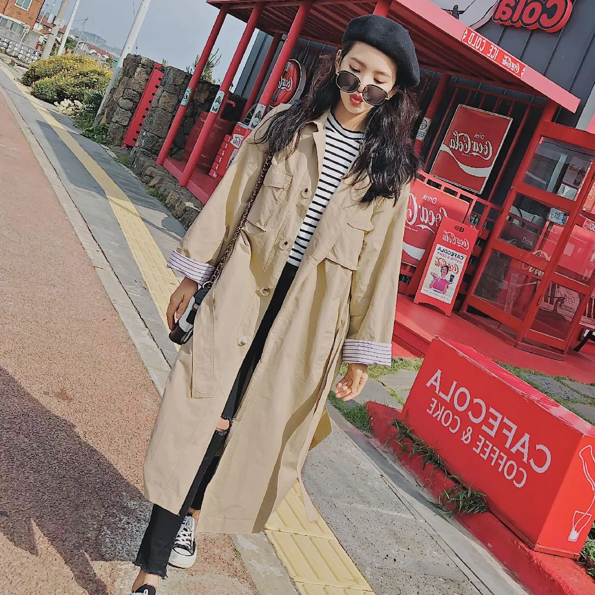 

Photo Shoot Loose-Fit Single-Breasted Fold-down Collar Japanese-style Trench Coat CHIC GIRL'S College Style Revers Stripes Cuff