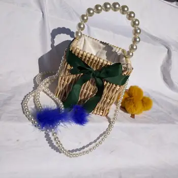

Ribbon Bow Rattan Hand-woven Women's Handbag Pearl Chain Women Shoulder Messenger Bag Box Top-handle Ladies Bags For Women 2020