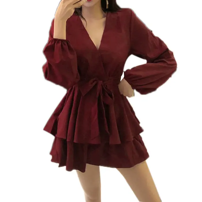 

2020 Womens Retro V-neck Puff Long Sleeve Dress Ladies Ruffle Mini Dress Sexy Solid A-line Short Dress Fashion Clothes