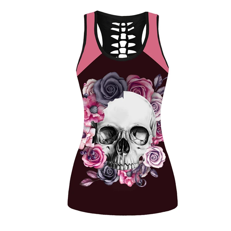 Summer Women Sport Vest Flower Skull 3D Print Yoga Shirt Quick Dry Gym Running Shirt Fitness Tank Tops Sleeveless T-shirt Female