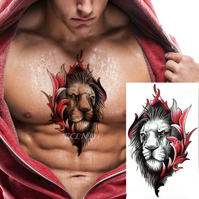 Tatuagem Falsa Temporaria Com Leao Animal Flor Vermelha Para Braco Perna Corpo Arte Para Meninas E Homens Tatuagens Temporarias Aliexpress