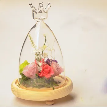 

Fashion Eternal flower glass landscape crown cake cover micro vase fresh flower micro landscape Crown wood base glass cover