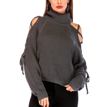 ^#Cheap Sexy Lace Up Winter Knitted Sweater Pullover Women Off Shoulder Loose Turtleneck Sweater Jumper Autumn Long Sleeve Gray Sweater ^#Cheap Sexy Lace Up Winter Knitted Sweater Pullover Women Off Shoulder Loose Turtleneck Sweater Jumper Autumn Long Sleeve Gray Sweater