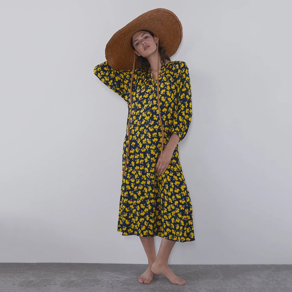 

2019 ZA Floral Print Autumn Long Dress Women Fashion Yellow Flower Elegant Temperament Charm Single Breaste Party Gift Dress