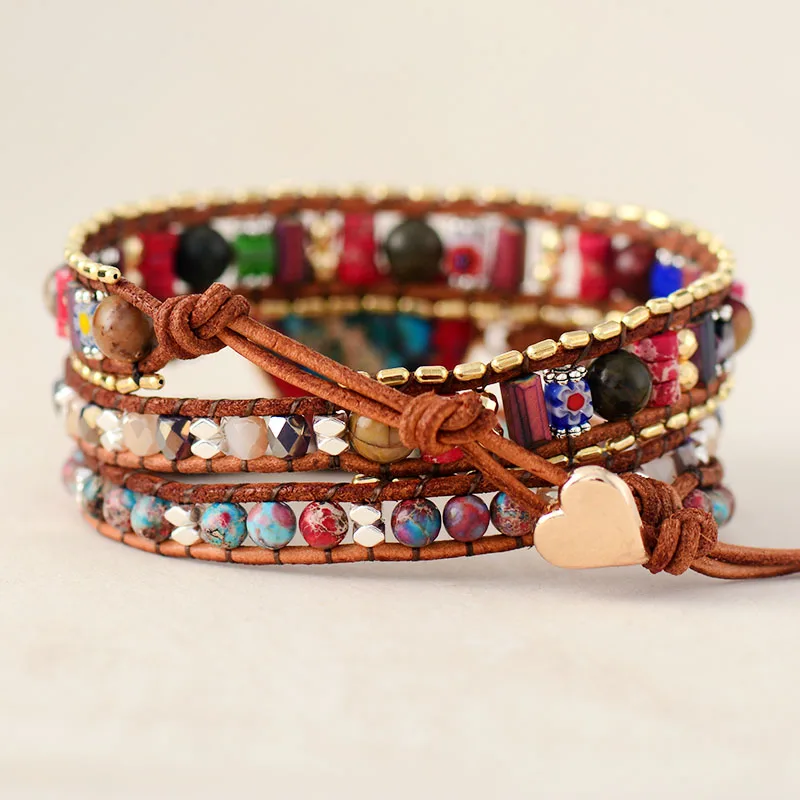 Premium New Heart Shape Leather Wrap Bracelets W/ Vibrant Stones Chain Beads Bracelet Boho Classic Jewelry Bijoux Dropship