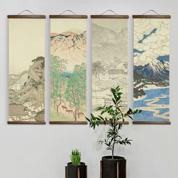 Japanese Style Ink Landscape Alpine Canvas Decorative  Bedroom Living Room Wall Art Posters Chinese Solid Wood Scroll Paintings 1