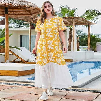 

Siskakia Plus Size Long Dress Fresh White Flower Print Midi Dress Loose Round neck Short Sleeve Casual Summer Clothing for Women