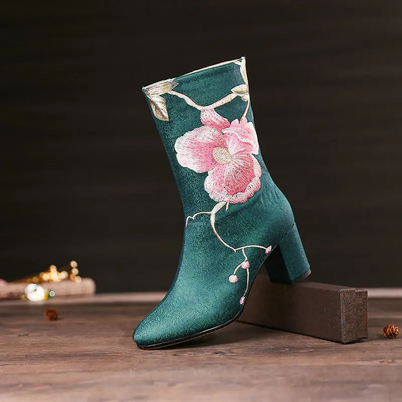 

New Women Mid-Calf Boots Autumn Winter Warm Silk High Heels Shoes Woman Round Toe Zipper Embroider Quality Shoes