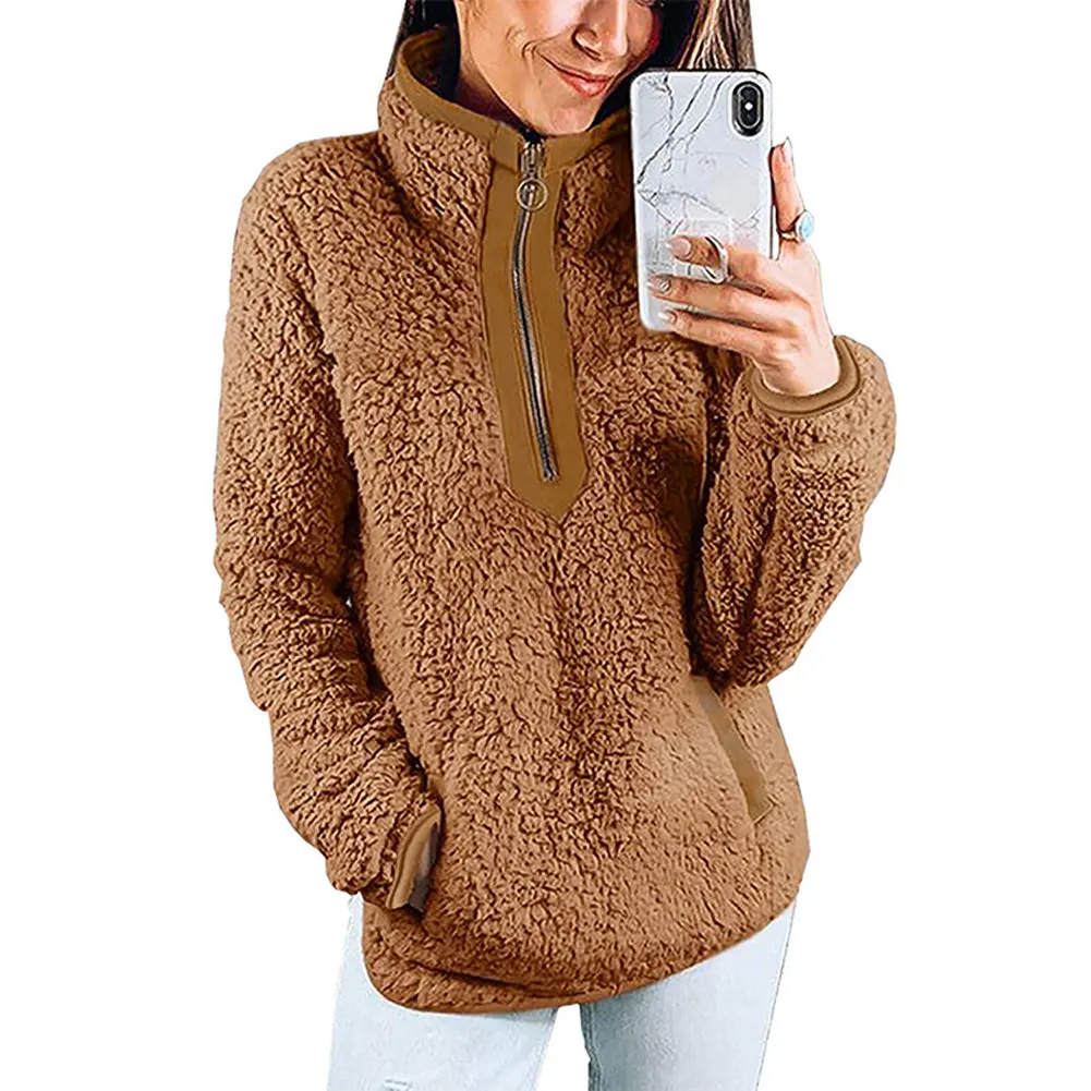 Women Plush Zipper Sweatshirt Long Sleeve Loose Pullover Outwear with Pockets JS26 | Женская одежда