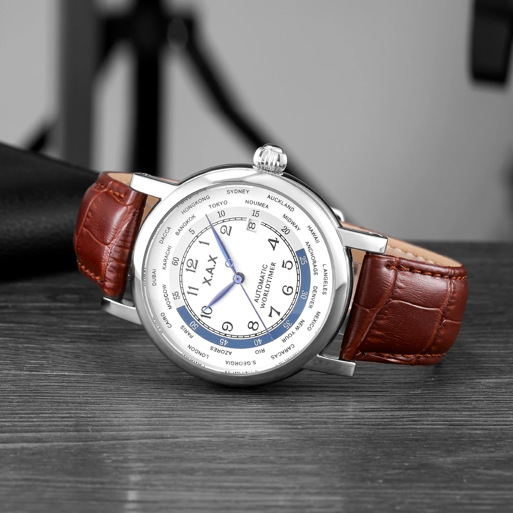 Worldtimer Automatic Men Watch Pilot Stainless Steel Mechanical Wristwatch Male Field Uhr Flieger Huge Size Automatikuhr Aviator