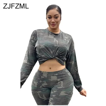 

Camo Pattern Sexy 2 Piece Matching Set Outfit Women Round Neck Full Sleeve Tshirts and High Waist Pencil Pants Causal Sweatsuit