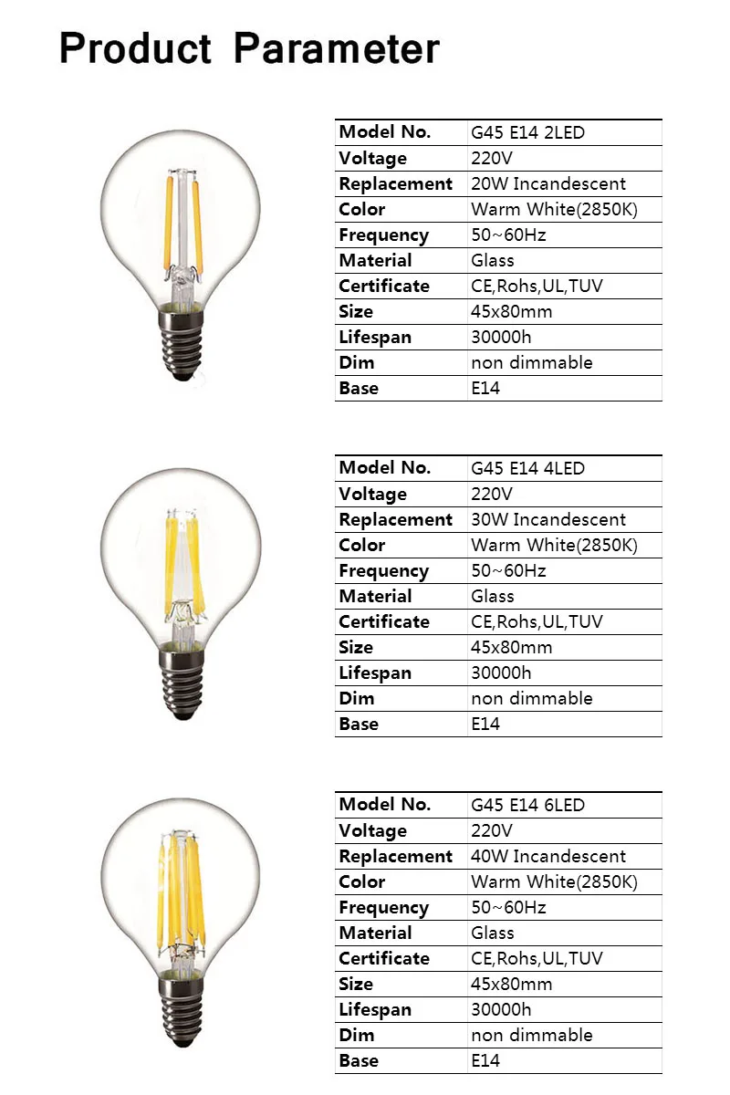 E14 LED Candle Bulb E14 C35 2W 4W 6W 220V WarmWhite, E27 LED Filament Light Bulb E27 ST64 A60 220V 2700K 3000K, LED Edison Lamp