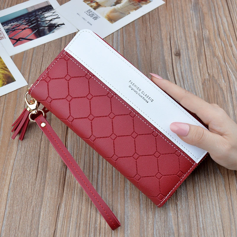 Cartera para teléfono móvil de gran capacidad con borlas de Cremallera larga para mujer, bolso para teléfono móvil con relieve, nuevo estilo, 2021