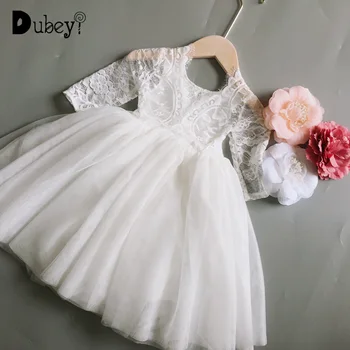 

Flower Girls Lace Dress Lovely Long Sleeve Tulle Dress for Party Vintage Kids White Floral Wedding Gown