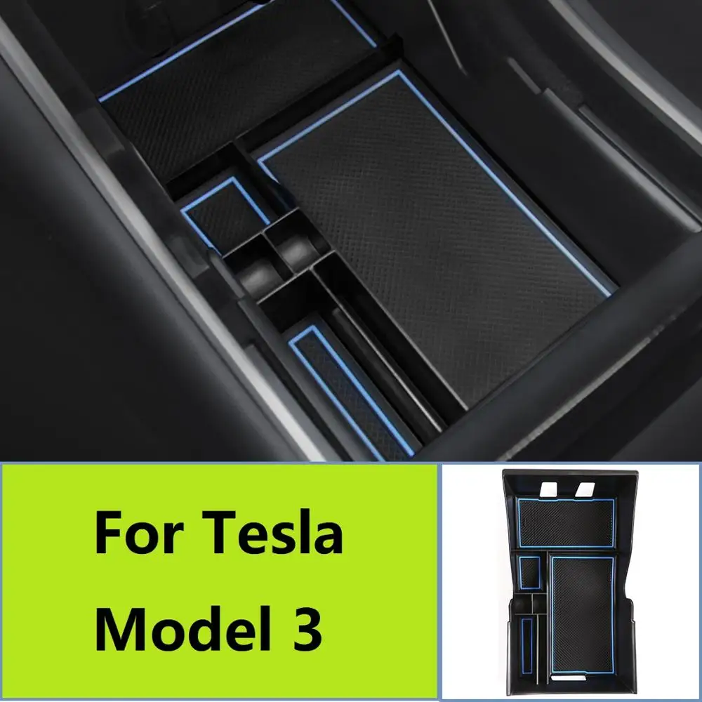 

For Tesla Model 3 Center Console Organizer Tray, Armrest Storage Box Tray with Charging Adapter Holder + Coin Box