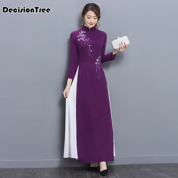 

2020 folk style vietnam robes chiffon aodai graceful dress stand collar elegant Traditional Clothing Floral aodai